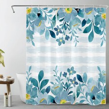 Teal Blue Botanical Leaf Yellow Floral Shower Curtain Set for Bathroom Decor — custom printed polyester bath curtain