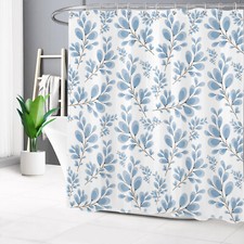 Modern Minimalist Botanical Blue Leaf Shower Curtain Set for Bathroom Decor — custom printed polyester bath curtain