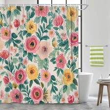 Vibrant Floral Shower Curtain Polyester, Boho Farmhouse Vintage Style Bathroom C — custom printed polyester bath curtain
