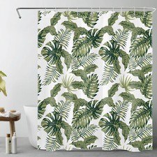 Summer Tropical Green Palm Leaf Botanical Shower Curtain Set for Bathroom Decor — custom printed polyester bath curtain