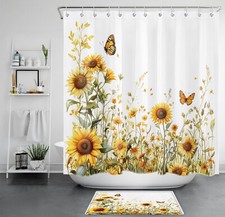 Summer Butterfly Yellow Sunflower Flower Shower Curtain Set for Bathroom Decor — custom printed polyester bath curtain