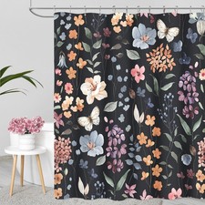 Black Floral Shower Curtain 72x72 inchBotanical Wildflower Boho Bathroom Decor — custom printed polyester bath curtain