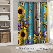 1PC Waterproof Shower Curtain Sunflower and Butterfly Pattern for Bathroom Decor — custom printed polyester bath curtain