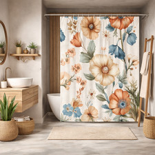 Floral Shower Curtain, Beige Green Leaf Pattern, Boho Bathroom Decor — custom printed polyester bath curtain