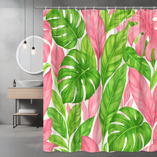 Tropical Pink Green Leaves Shower Curtain - Waterproof Fabric Decor — custom printed polyester bath curtain
