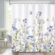 Yellow Floral Shower Curtain, Blue White Wildflower Butterfly Plant Spring — custom printed polyester bath curtain