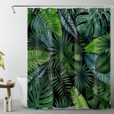 Sage Green Tropical Palm Leaf on Black Shower Curtain Bathroom Accessories Set — custom printed polyester bath curtain