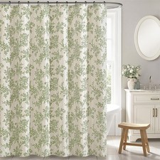 Spring Extra Long Linen Green Floral Shower Curtain 72x84 Inches Washable — custom printed polyester bath curtain