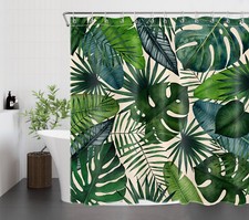 Botanical Tropical Green Leaf on Beige Shower Curtain Bathroom Accessories Set — custom printed polyester bath curtain