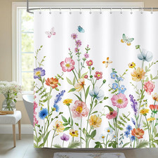 Spring Floral Shower Curtain, Waterolor Flowers Butterfly Plant Wildflower Bathr — custom printed polyester bath curtain