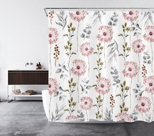 Botanical Grey Leaf Pink Wilddlower Shower Curtain Bathroom Accessories Set — custom printed polyester bath curtain