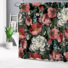 Vintage Botanical Leaf Red Floral Black Shower Curtain Bathroom Accessories Set — custom printed polyester bath curtain