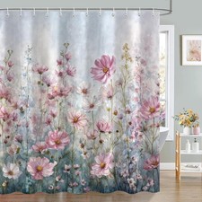 Pink Watercolor Wildflowers Floral Bath Shower Curtain 12 Hooks 72x72 Inch — custom printed polyester bath curtain