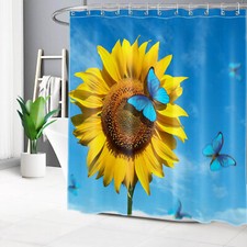 Blue Sky Butterfly Yellow Sunflower Shower Curtain Bathroom Accessories Set — custom printed polyester bath curtain